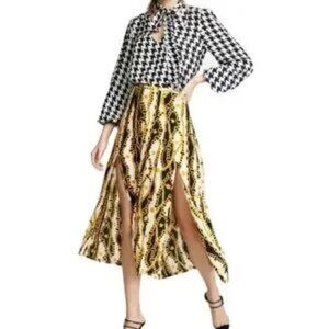 NWT Rixo London Georgia Gold Shell Chain Print Slit Leg Silk Midi Skirt sz Sm